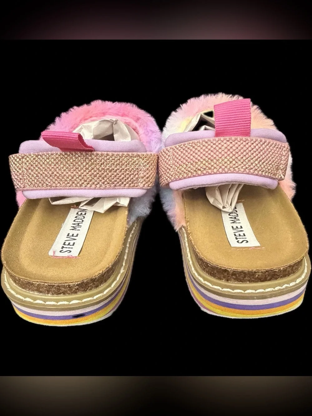 Steve Madden Kids Rainbow Faux Fur Slip-Ons - Pink Yellow Purple